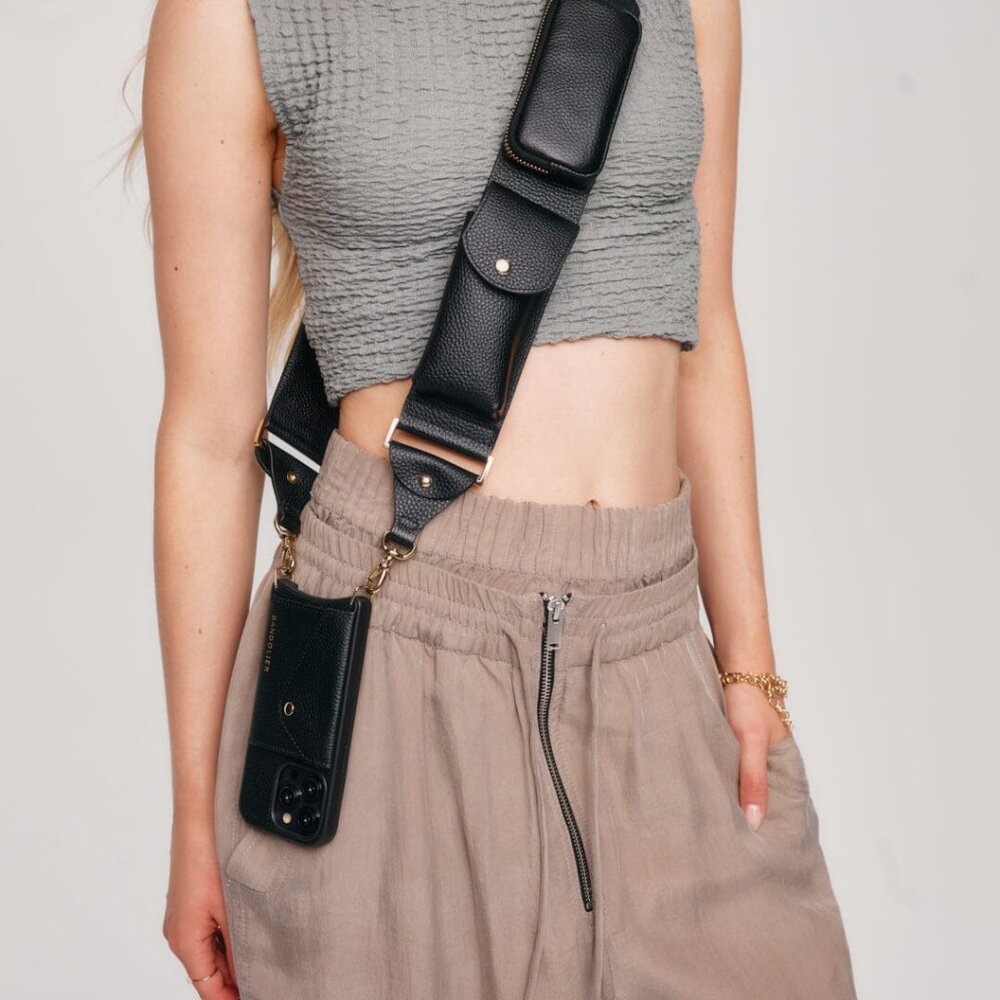Bandolier Black Gold Billie Utility Crossbody Bag Strap iPhone 12/12 Pro Case